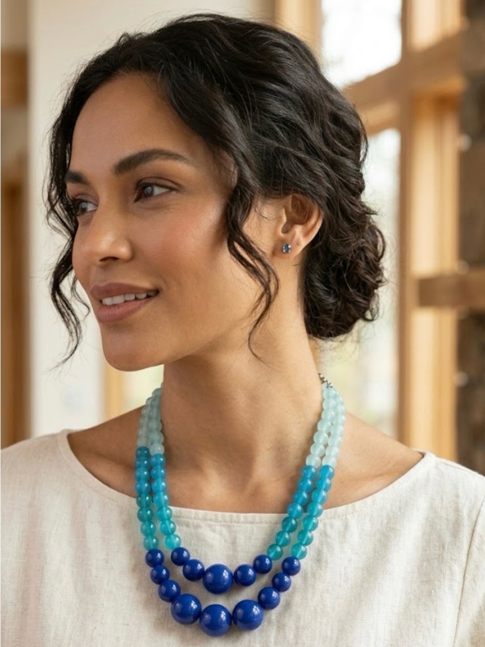LOFT Triple-Strand Ombre Blue Beaded Necklace